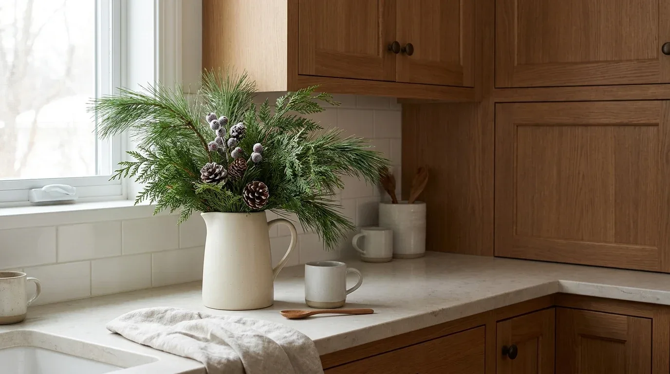 Fresh evergreen branches in a cream ceramic pitcher on a winter kitchen counter