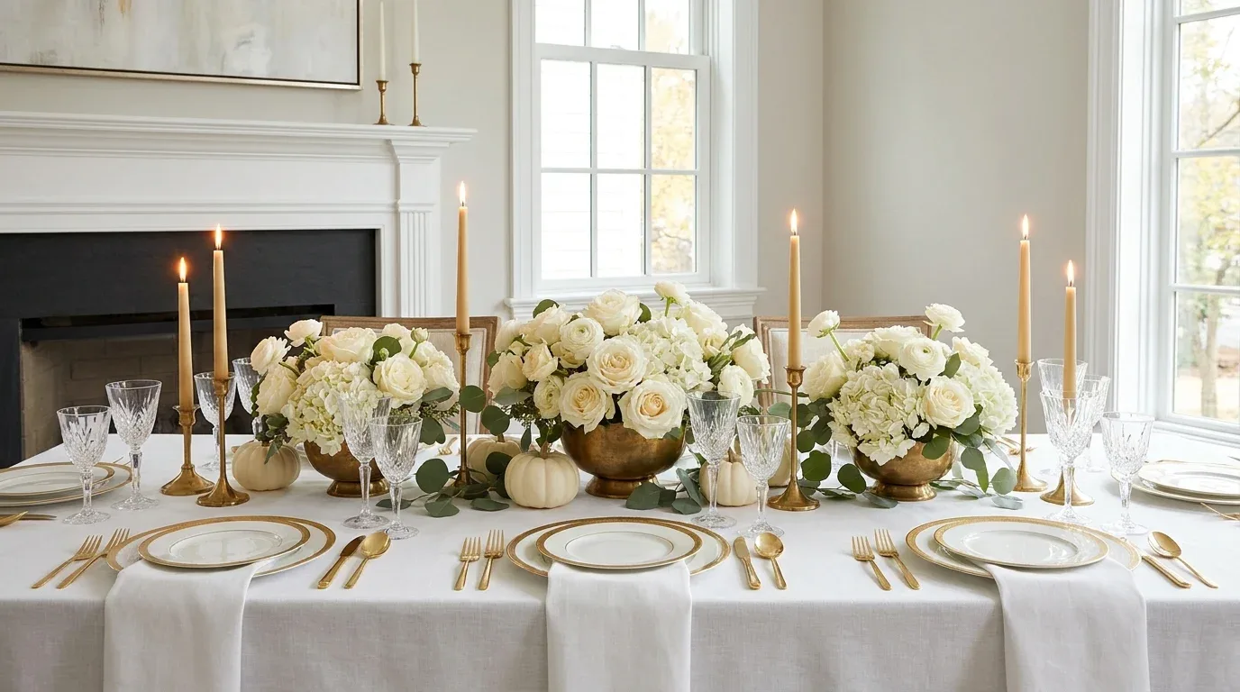 Elegant white and gold Thanksgiving table with ivory flowers, gold flatware, and white pumpkins.