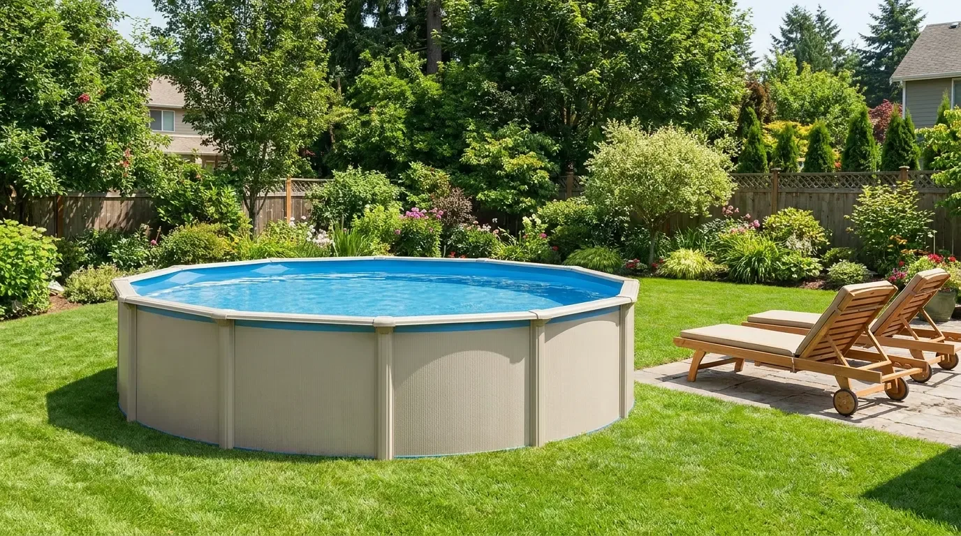 Above-ground pool with a spacious wooden deck, safe stairs, and comfortable outdoor seating.