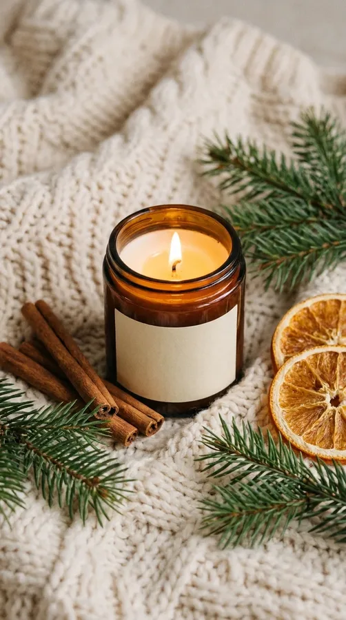A warm scented candle surrounded by cinnamon, pine, and dried orange for a festive holiday gift.
