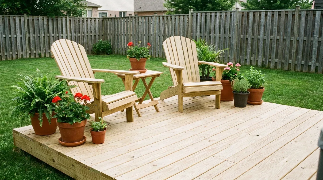 Pressure-treated wood deck with a warm stain and simple outdoor furniture