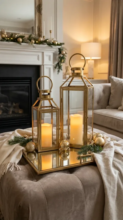 Elegant gold Christmas lanterns with glowing candles, gold ornaments, and evergreen accents.