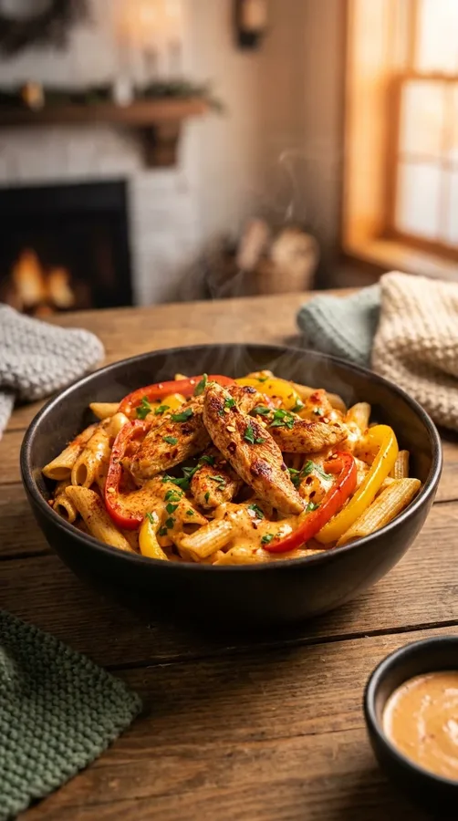 Spicy creamy Cajun chicken pasta with bell peppers, penne, and Parmesan sauce.