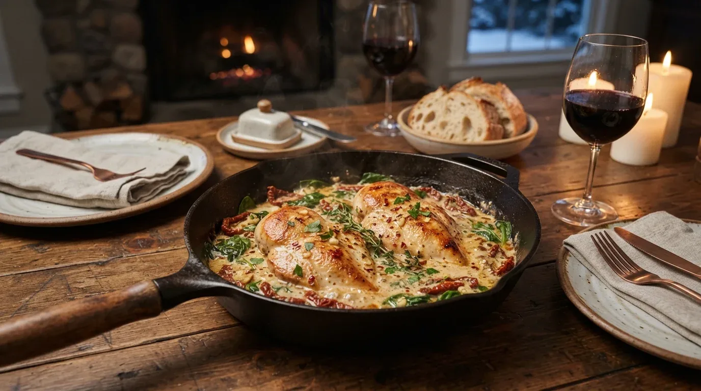 Creamy Tuscan chicken with spinach, sun-dried tomatoes, and Parmesan sauce in a skillet.