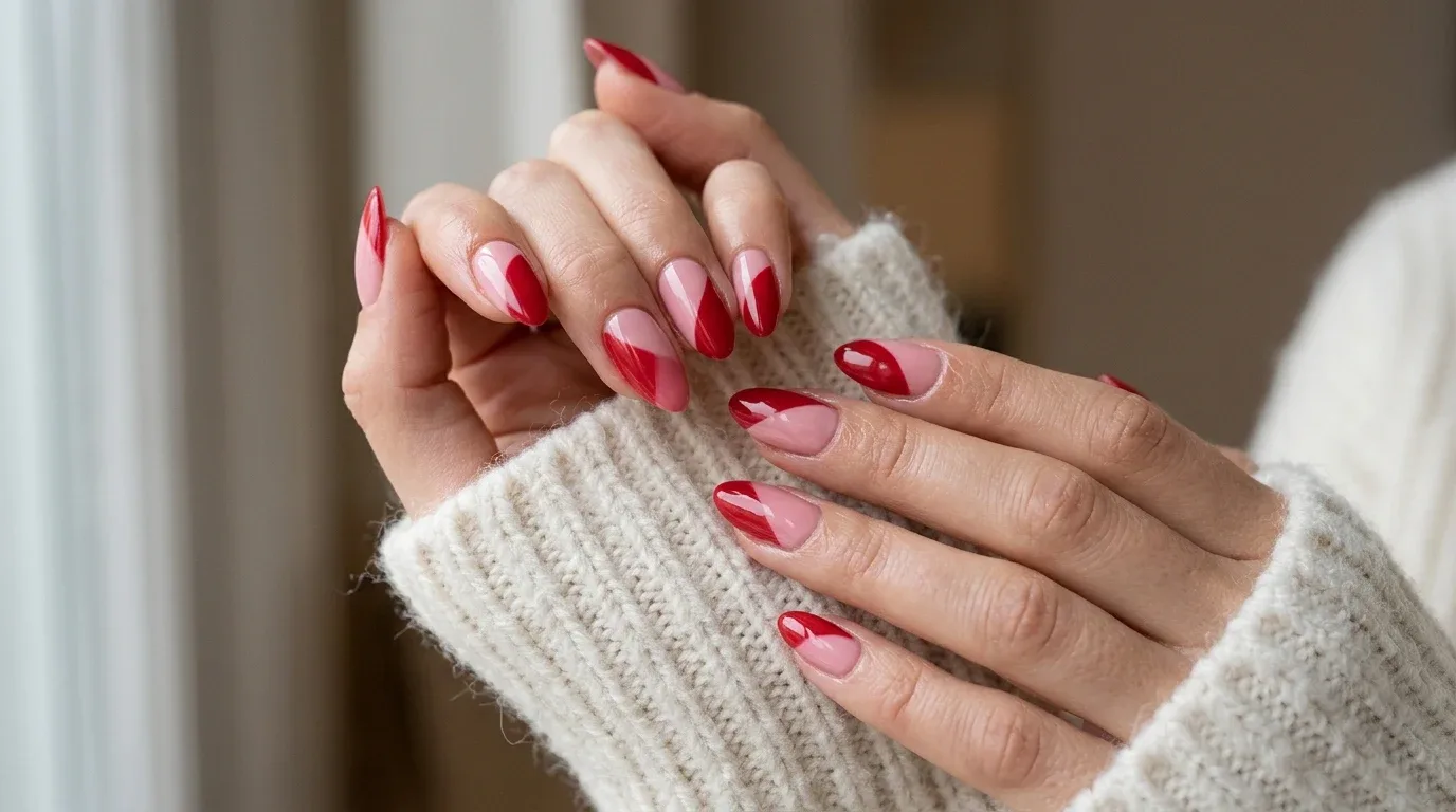 Red and pink color-block Valentine's nails with glossy geometric shapes and romantic winter colors.