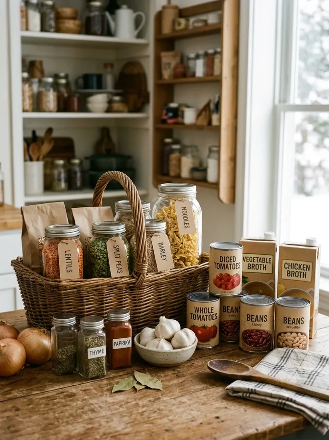 Small pantry divided into organized zones for soups, pasta dinners, breakfast, and baking.
