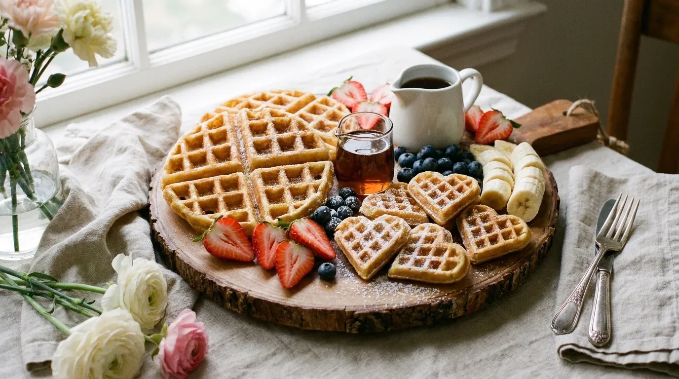 Golden waffles with heart-shaped pieces, fresh berries, bananas, and maple syrup on a breakfast board.