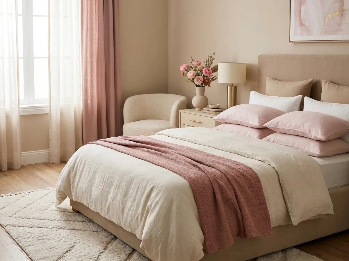 Soft pink Valentine's Day bedroom decor with blush pillows, dusty rose accents, and elegant flowers.