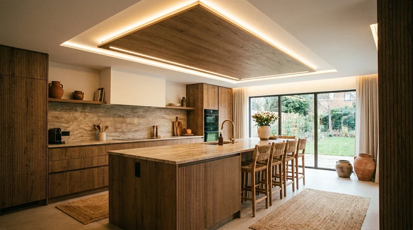 Linear false ceiling with parallel recessed details in a modern kitchen