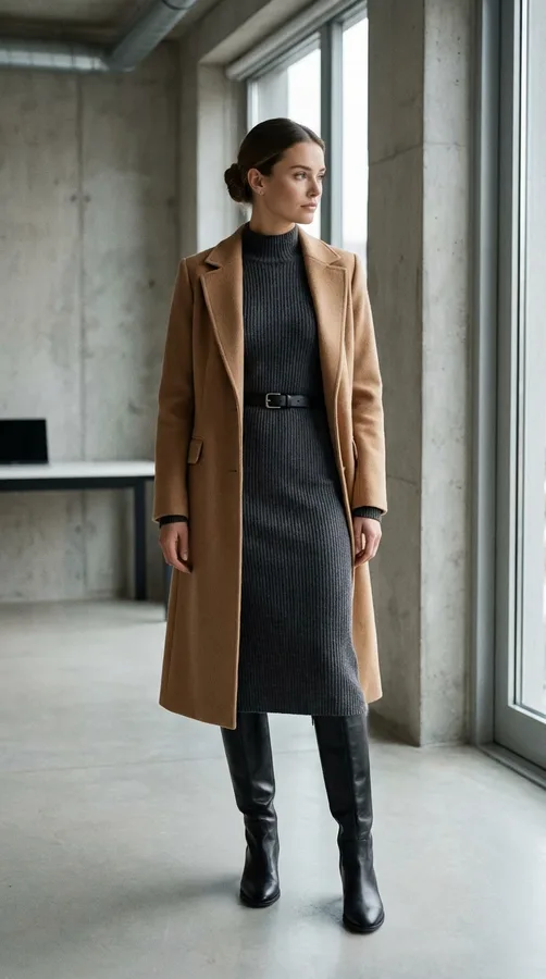 Charcoal midi sweater dress with knee-high boots and a camel coat for comfortable winter workwear.