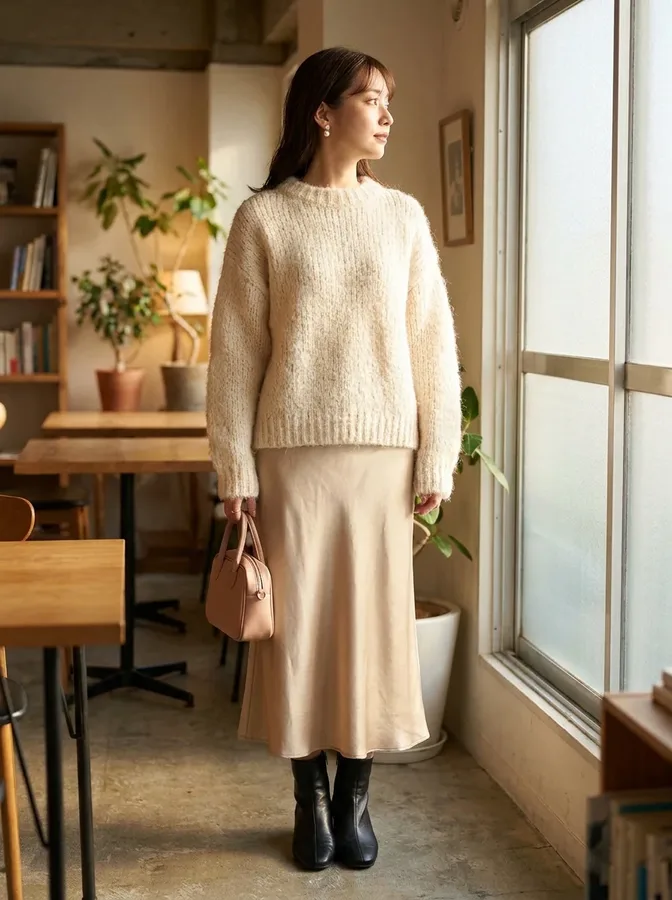 Champagne satin midi skirt paired with a fluffy ivory sweater and ankle boots.