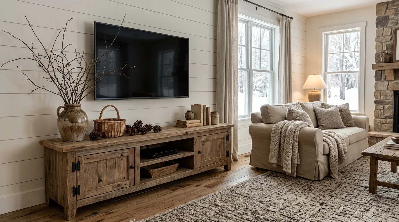 Rustic farmhouse TV stand styled with a ceramic jug, bare branches, pinecones, and woven textures.