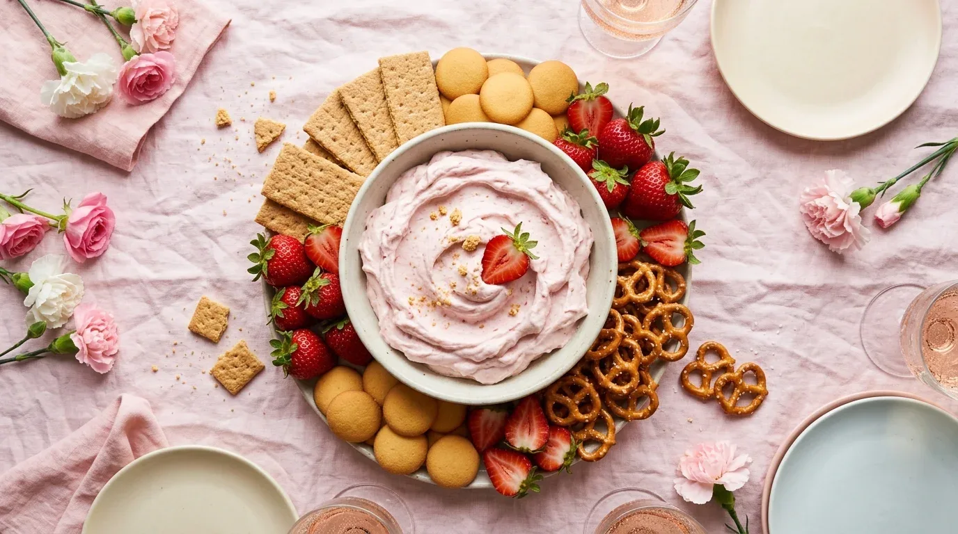 Pink strawberry cheesecake dip served with strawberries, graham crackers, wafers, and pretzels.