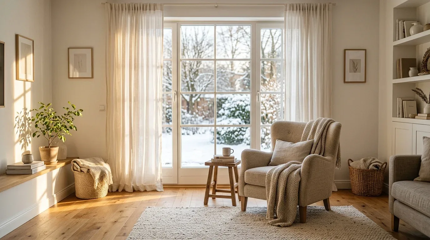 Winter sunlight streams through open curtains to naturally warm a living room.