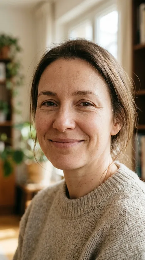Close-up portrait showing a relaxed, genuine smile and natural facial expression.
