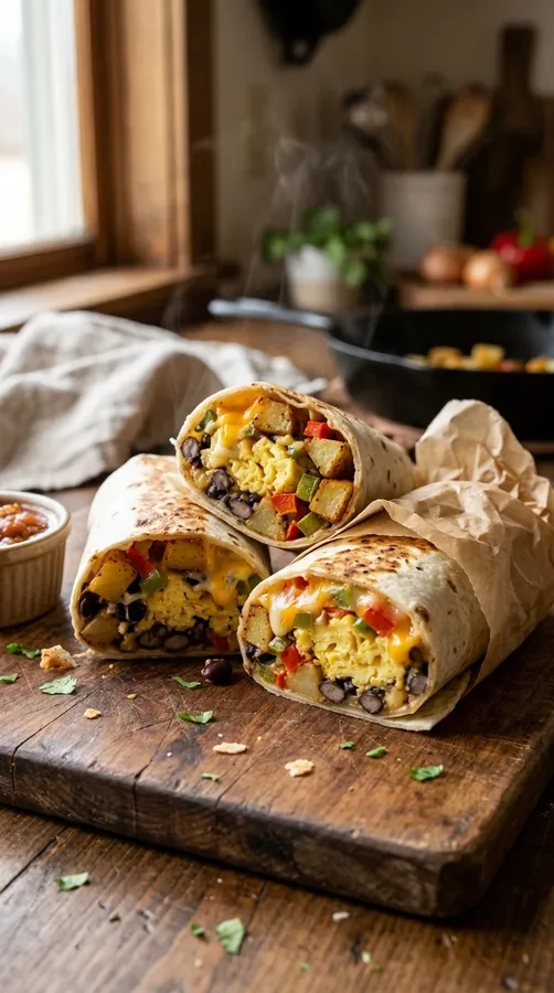 Freezer-friendly breakfast burritos filled with eggs, beans, potatoes, peppers, and cheese.