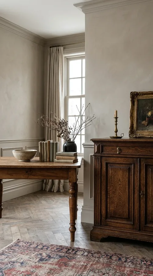 Vintage walnut furniture adds warmth and traditional craftsmanship to an old money interior.