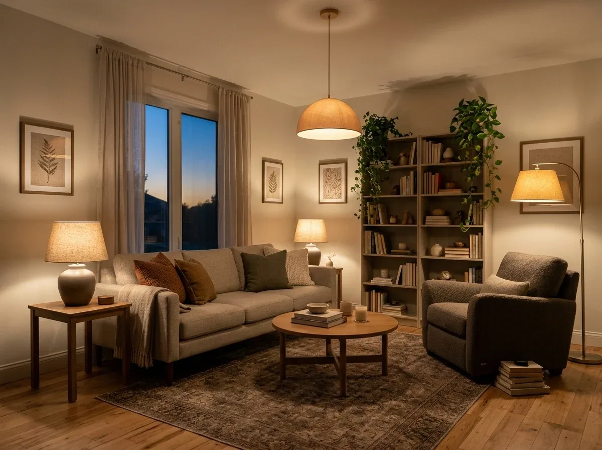 A cozy living room with layered warm lighting from ceiling, table, and floor lamps.