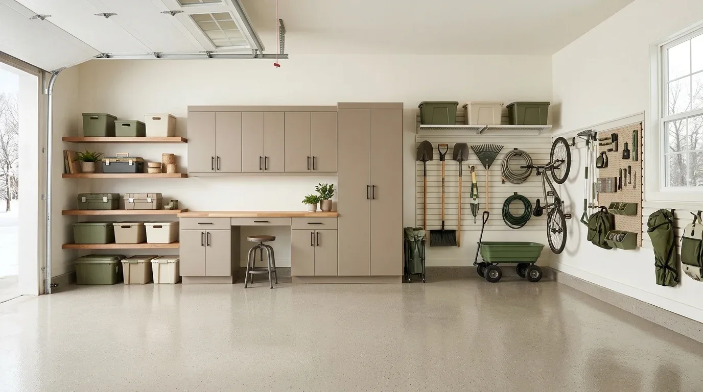 Chic garage interior with creamy white walls, beige cabinets, olive accents, and natural wood.