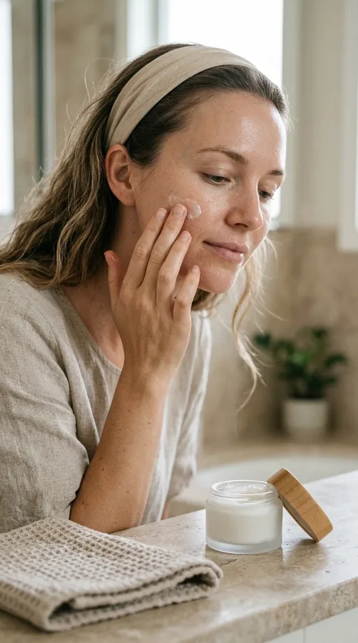 Woman applying facial moisturizer to keep her skin soft and hydrated.