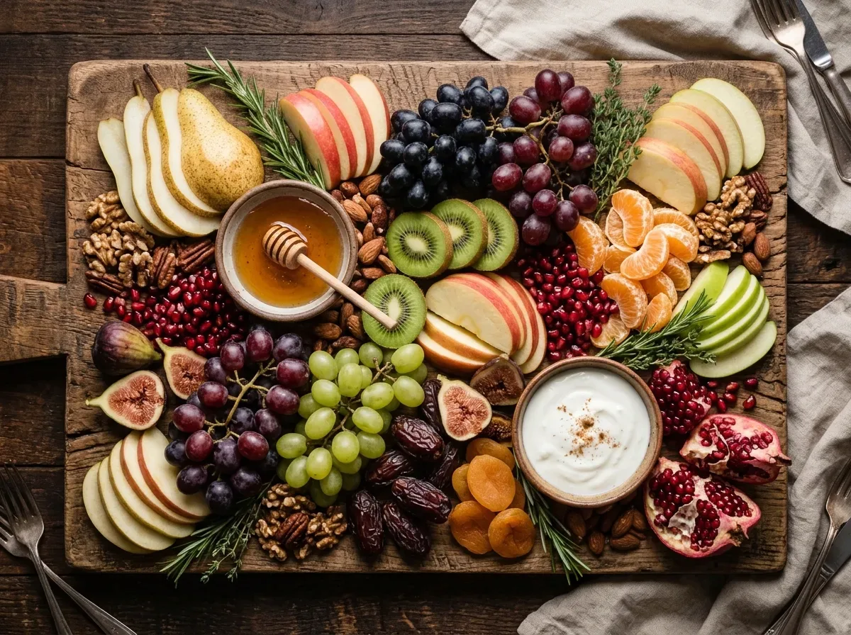 Winter fruit charcuterie board with apples, pears, grapes, citrus, dried fruit, nuts, honey, and yogurt dip.