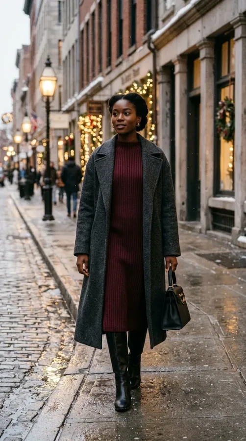 Black woman styling a burgundy sweater dress with knee-high boots and a long winter coat.