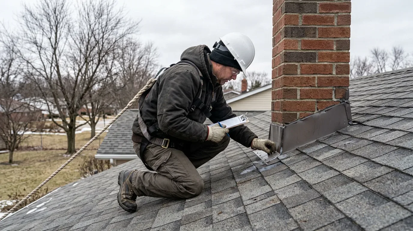 Roofing professional inspecting shingles and flashing before winter