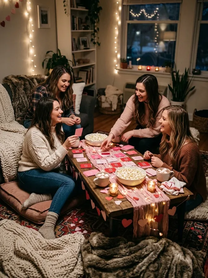 Friends matching romantic comedy quotes during a cozy Galentine's party.