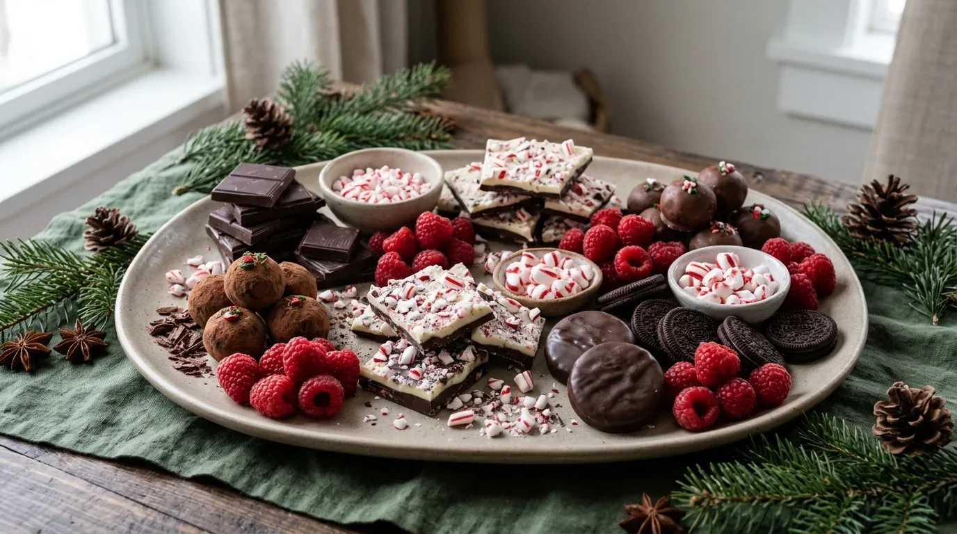 Peppermint chocolate dessert board with chocolate truffles, candy canes, peppermint bark, and raspberries.