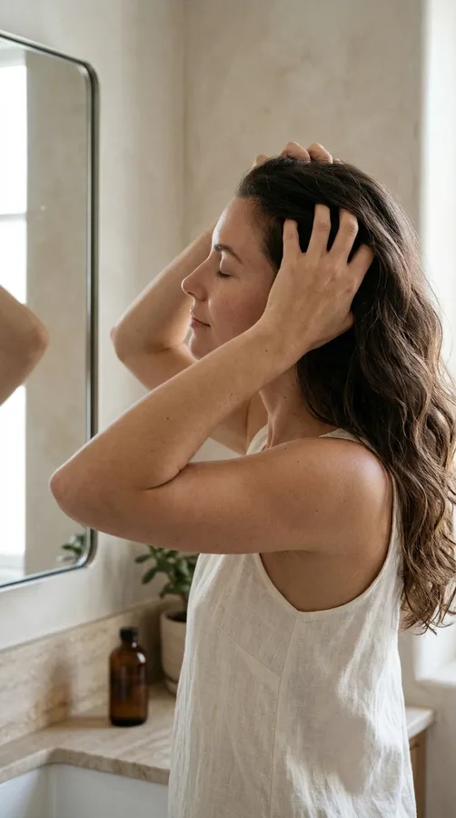 Woman performing a gentle fingertip scalp massage as part of her hair-care routine.