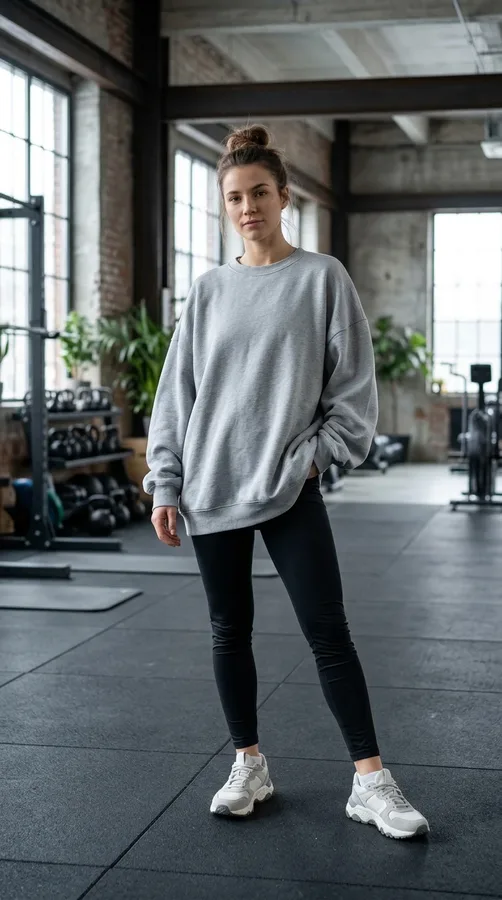 Oversized gray sweatshirt and fitted black leggings create a cozy winter gym look.