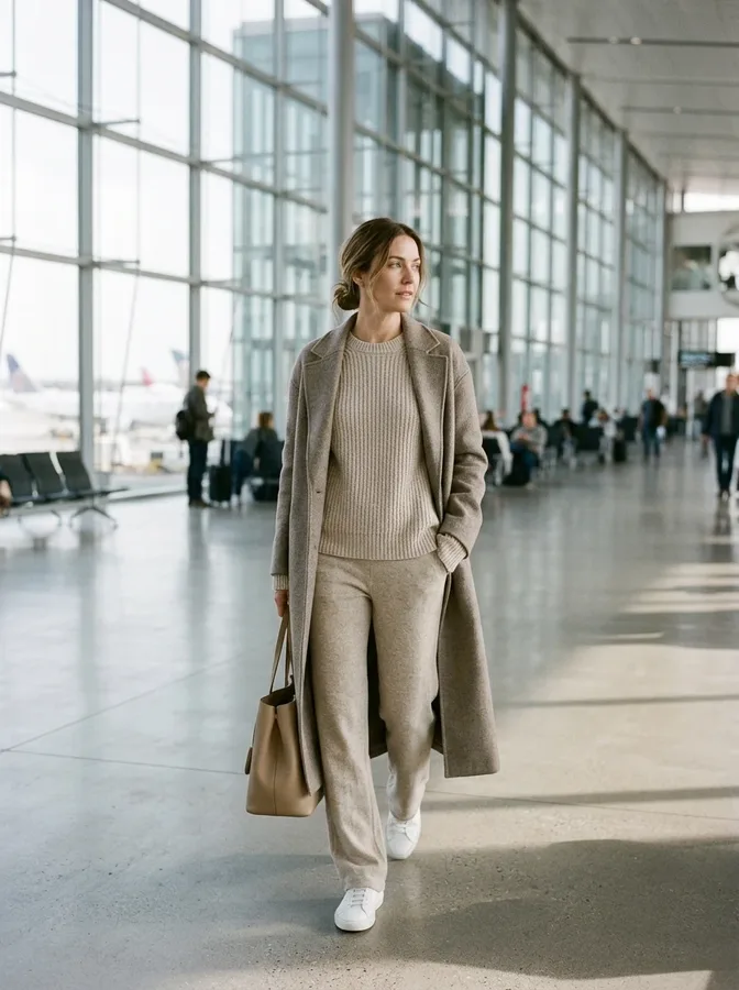 Oatmeal matching knit lounge set with white sneakers and a wool coat for comfortable winter airport travel.