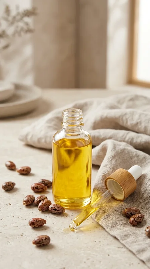 Castor oil in a glass bottle with castor beans for a rich conditioning hair treatment