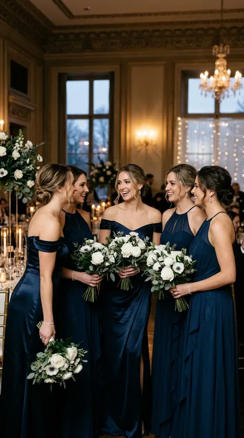 Navy blue bridesmaid gowns paired with white flowers and silver accessories.