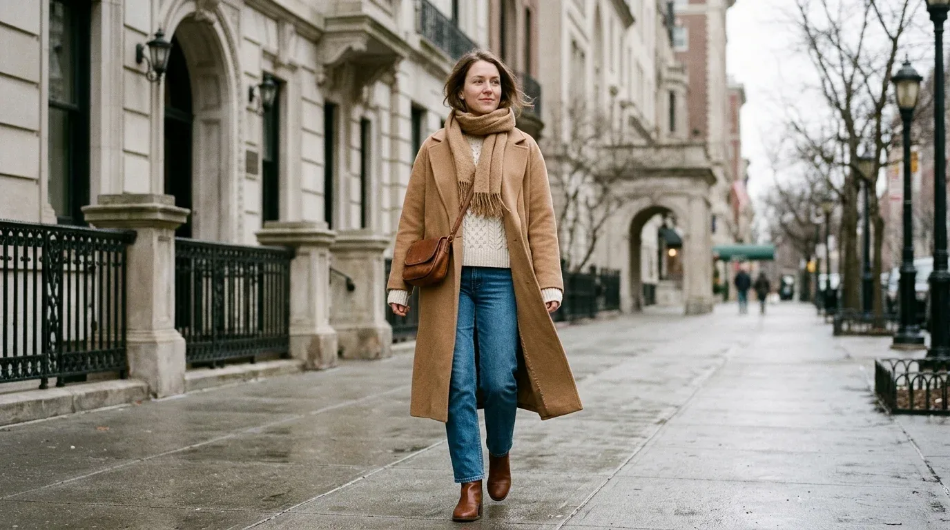 Timeless camel coat outfit with a cream sweater, blue jeans, brown ankle boots, and a coordinating scarf.