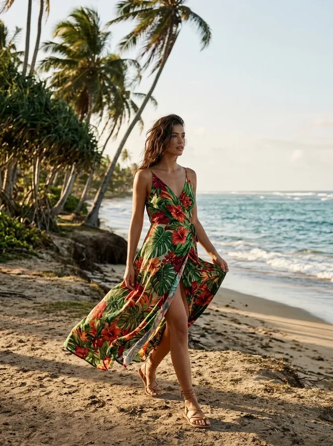 Tropical floral maxi dress styled for a sunny island getaway.