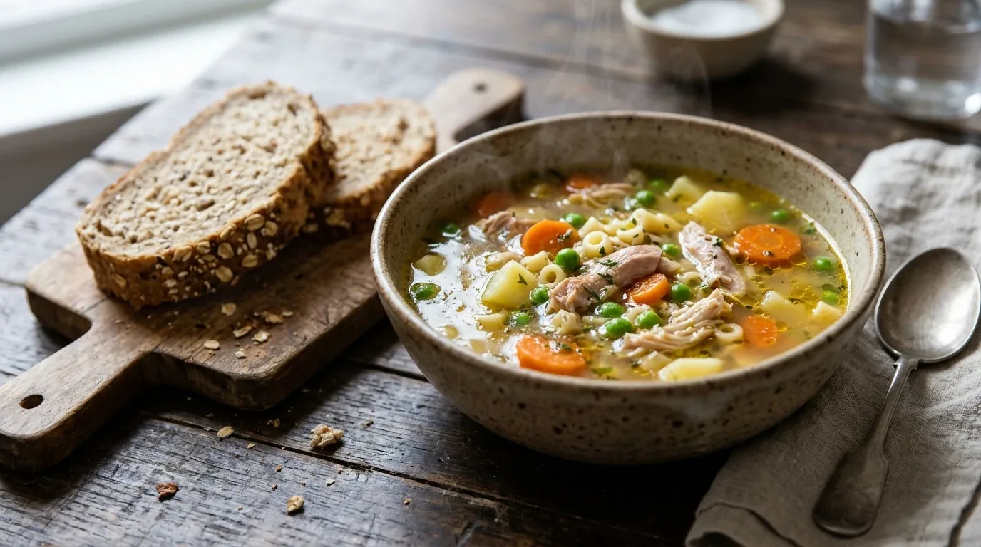 Warm chicken soup with carrots, peas, potatoes, chicken, and small pasta.