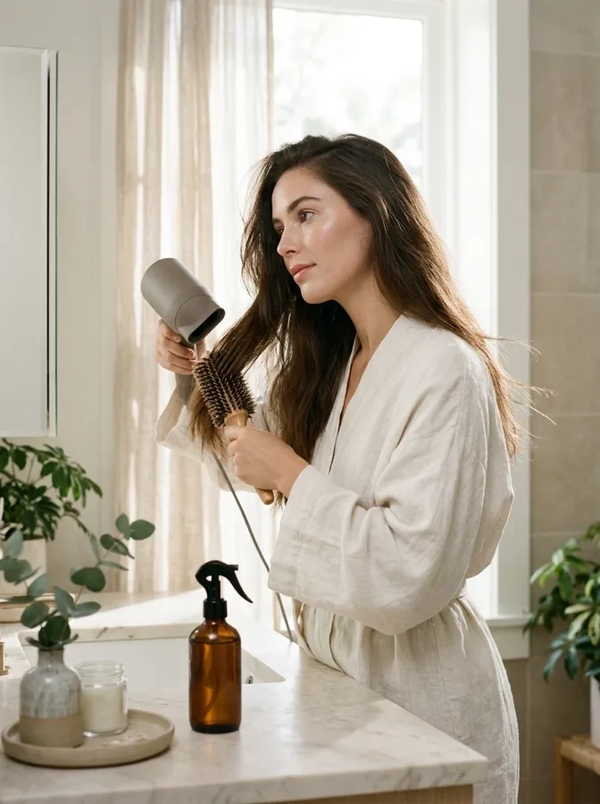Woman gently blow-drying her hair with heat-protection products nearby.