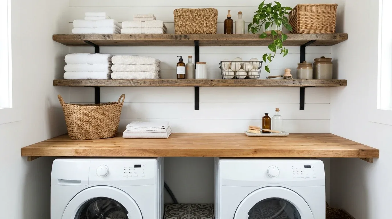 Open wooden laundry room shelves styled with woven baskets, towels, and organized supplies.