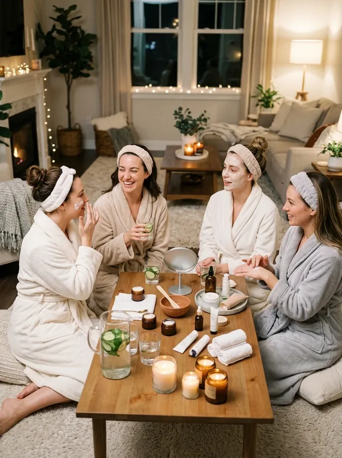 Friends enjoying a relaxing DIY spa night with face masks, skincare, towels, and cucumber water.