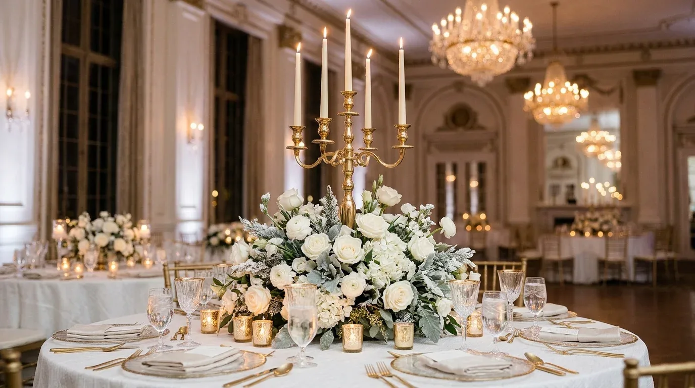 Tall gold candelabra with white flowers on an elegant winter wedding reception table.