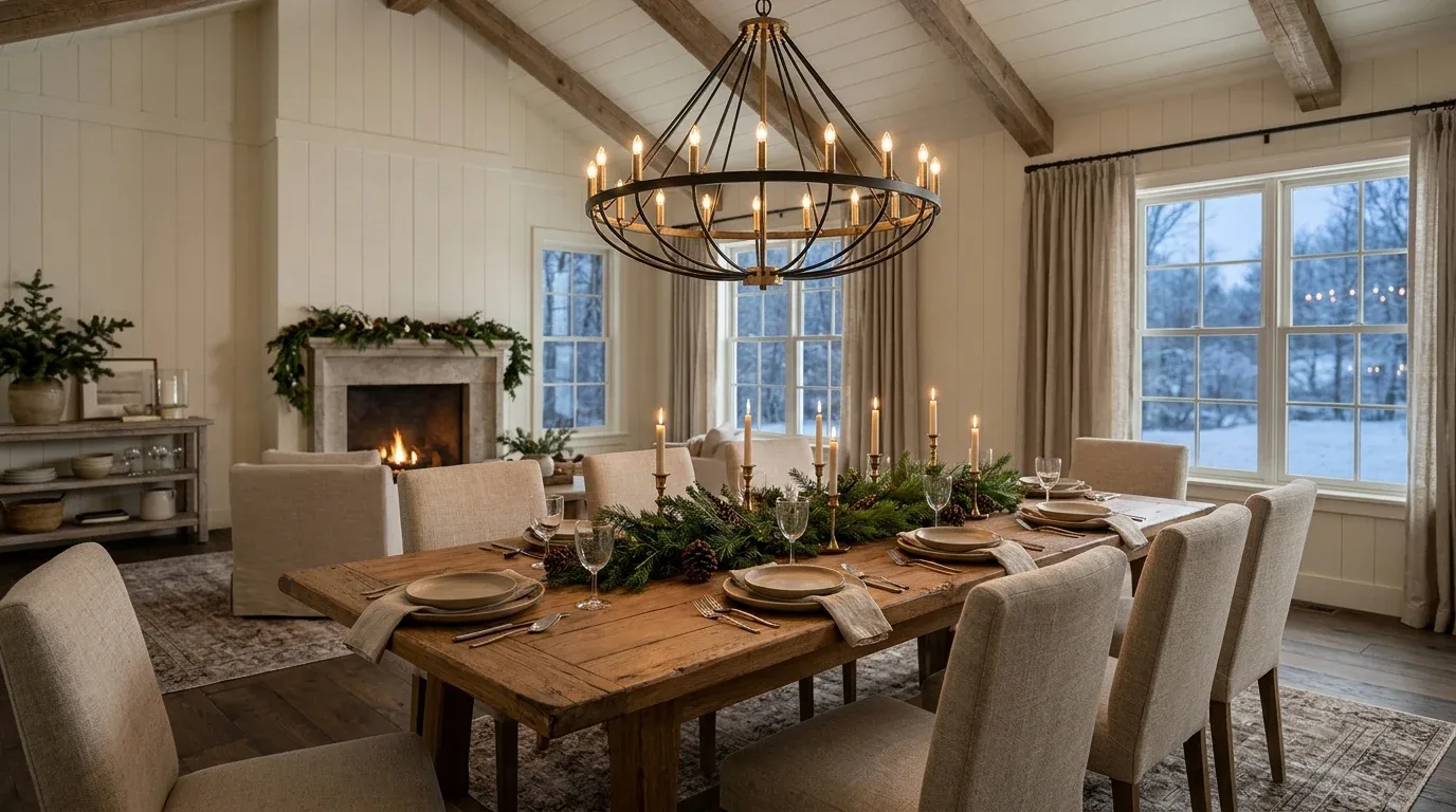 Farmhouse dining room with a statement iron chandelier above a rustic wooden table.
