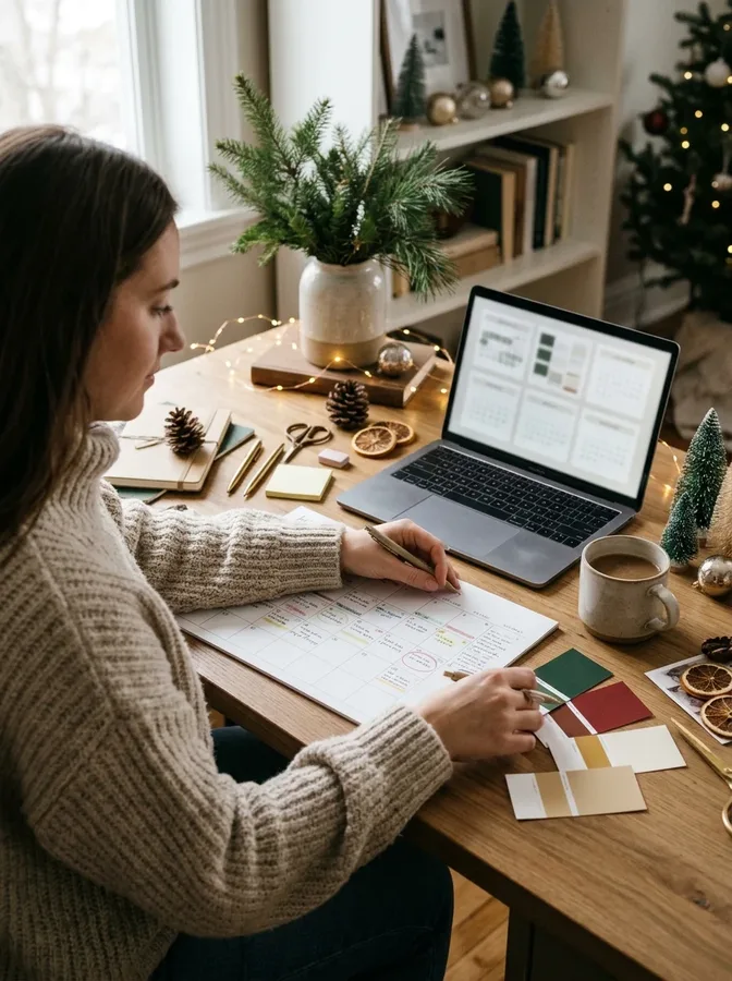 Vertical Pinterest pin design featuring a cozy winter living room and a clean mobile-friendly layout