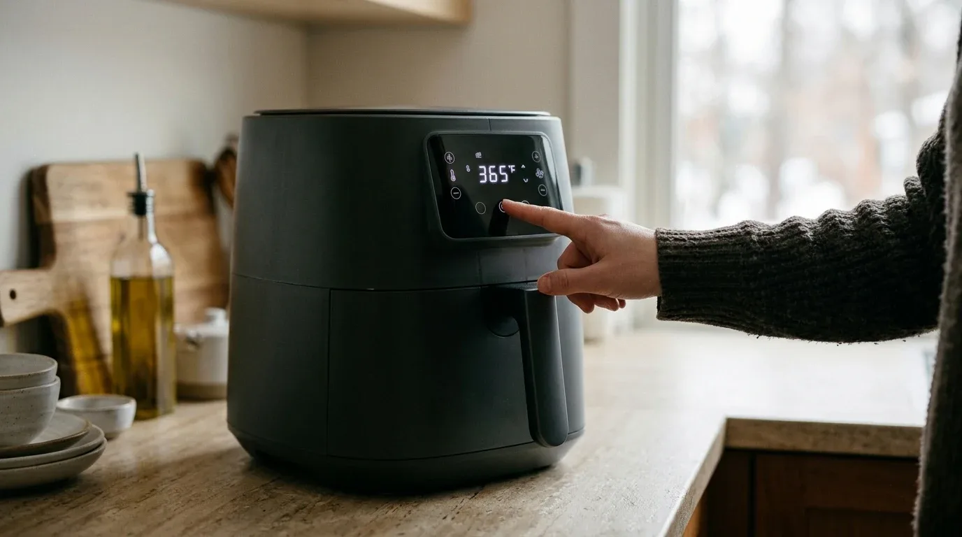 Adjusting the temperature setting on an air fryer before cooking.