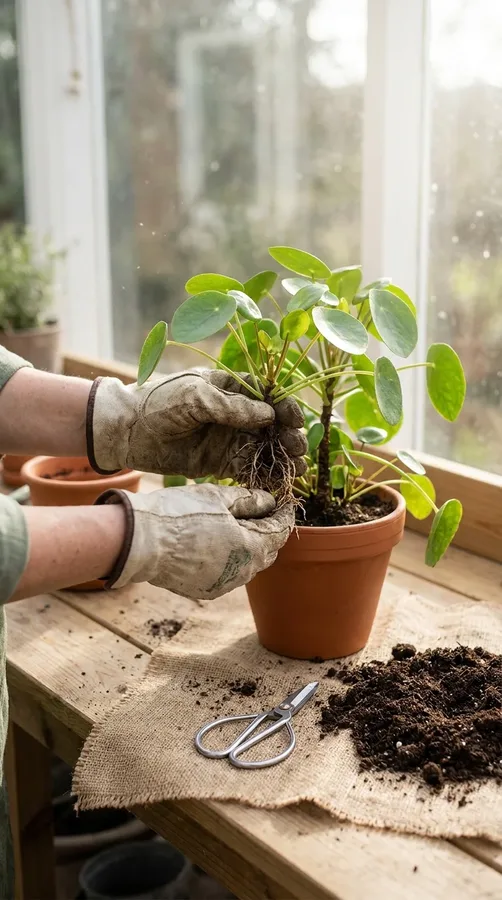 Separating a rooted baby Chinese money plant from its mother plant.