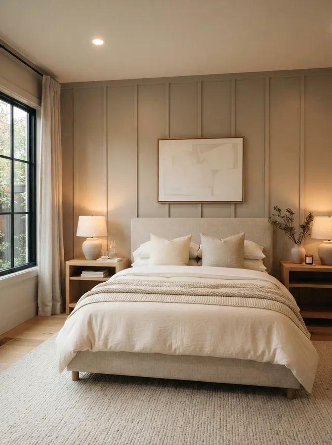 Floor-to-ceiling greige board and batten wall behind a softly styled contemporary bedroom bed.
