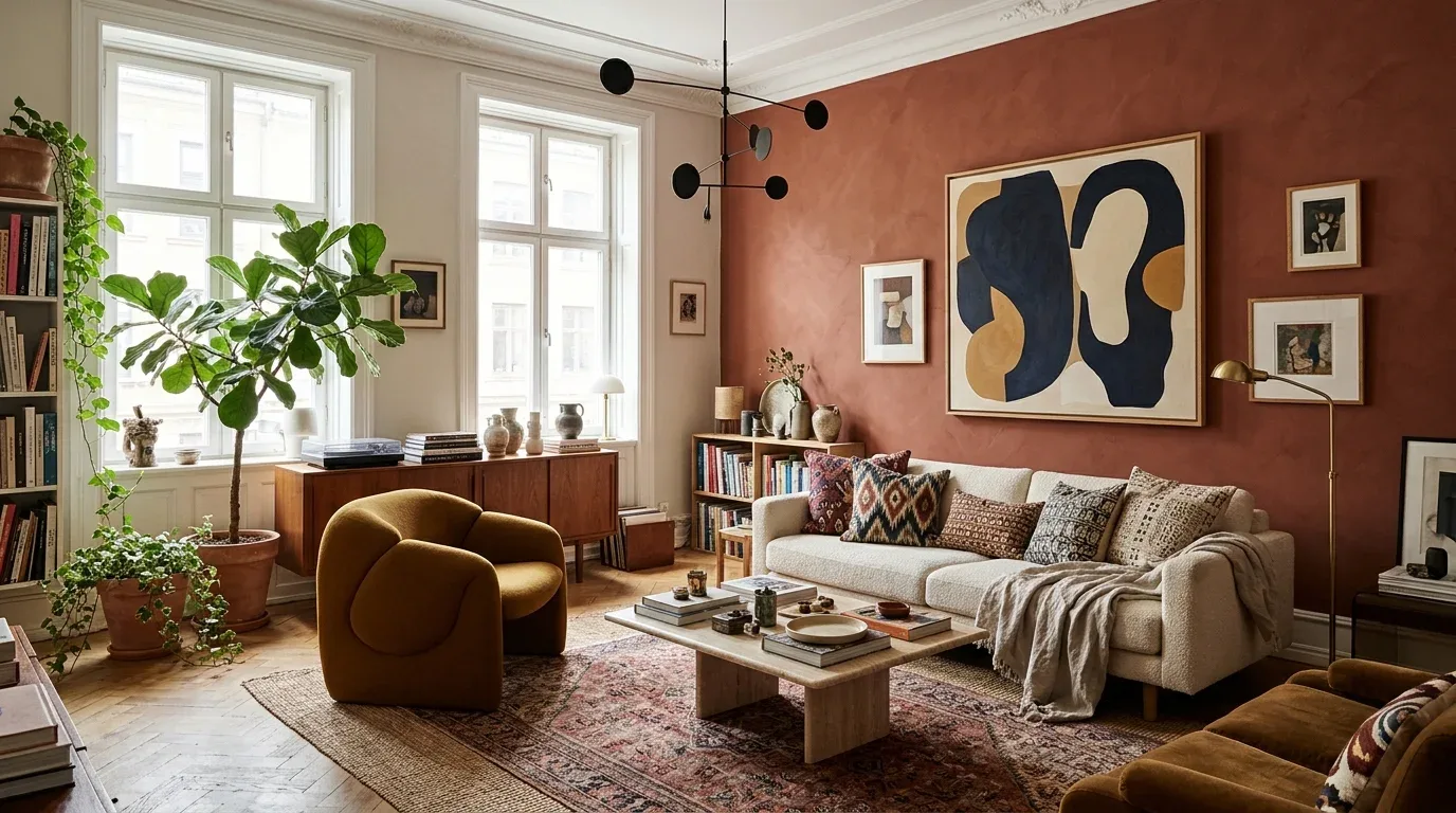 Creative living room featuring a terracotta accent wall, bold artwork, patterned cushions, and eclectic furniture.