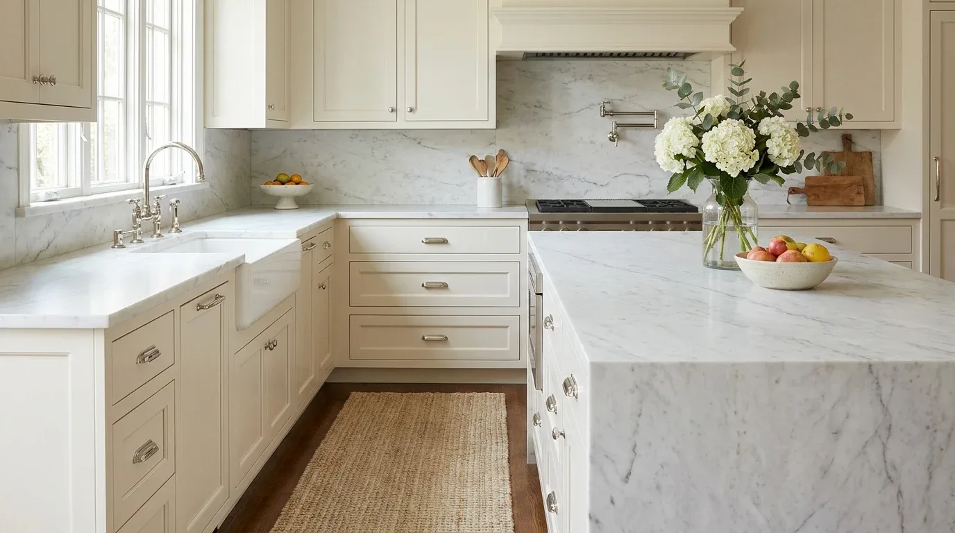 White marble kitchen countertop with elegant gray veining and classic cabinetry.