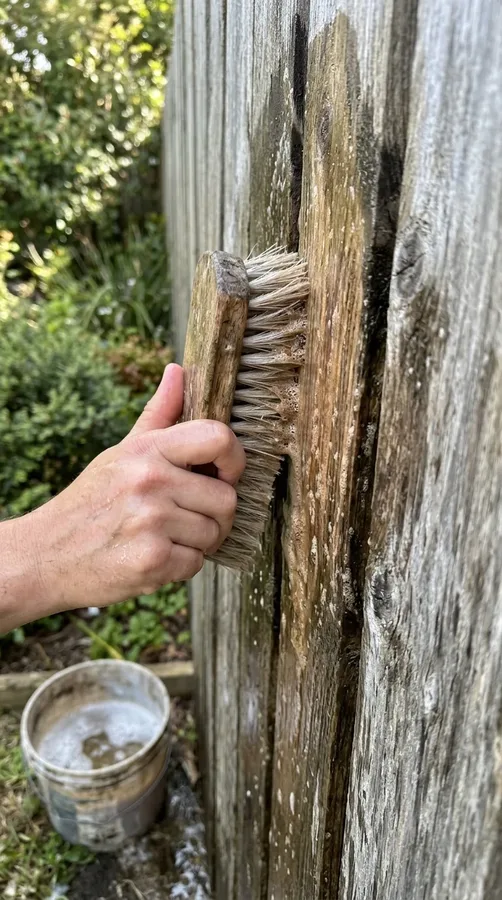 Soft-bristled brush removing dirt from the grain of a wooden fence.