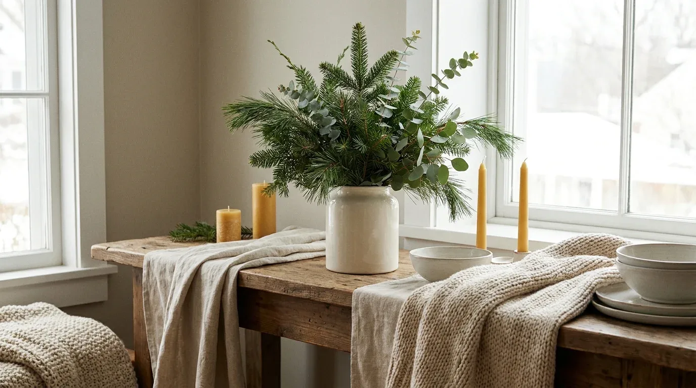 Evergreen branches and eucalyptus in a ceramic vase for natural winter home decor.